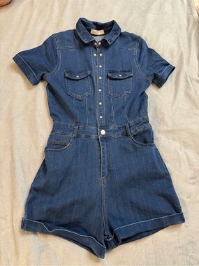 Dark Blue Short Sleeve Denim Romper